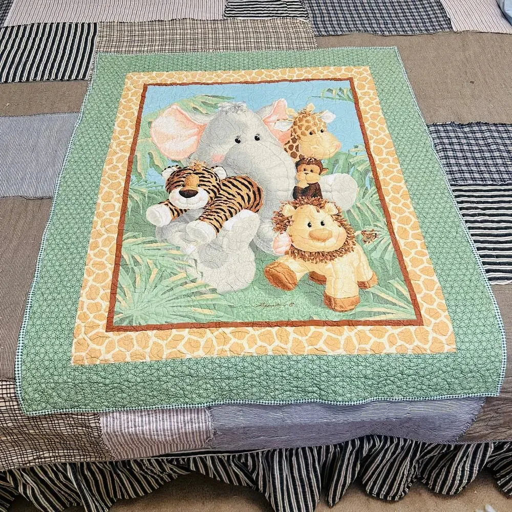 Baby Quilt Jungle Babies Green Brown Yellow 46.5